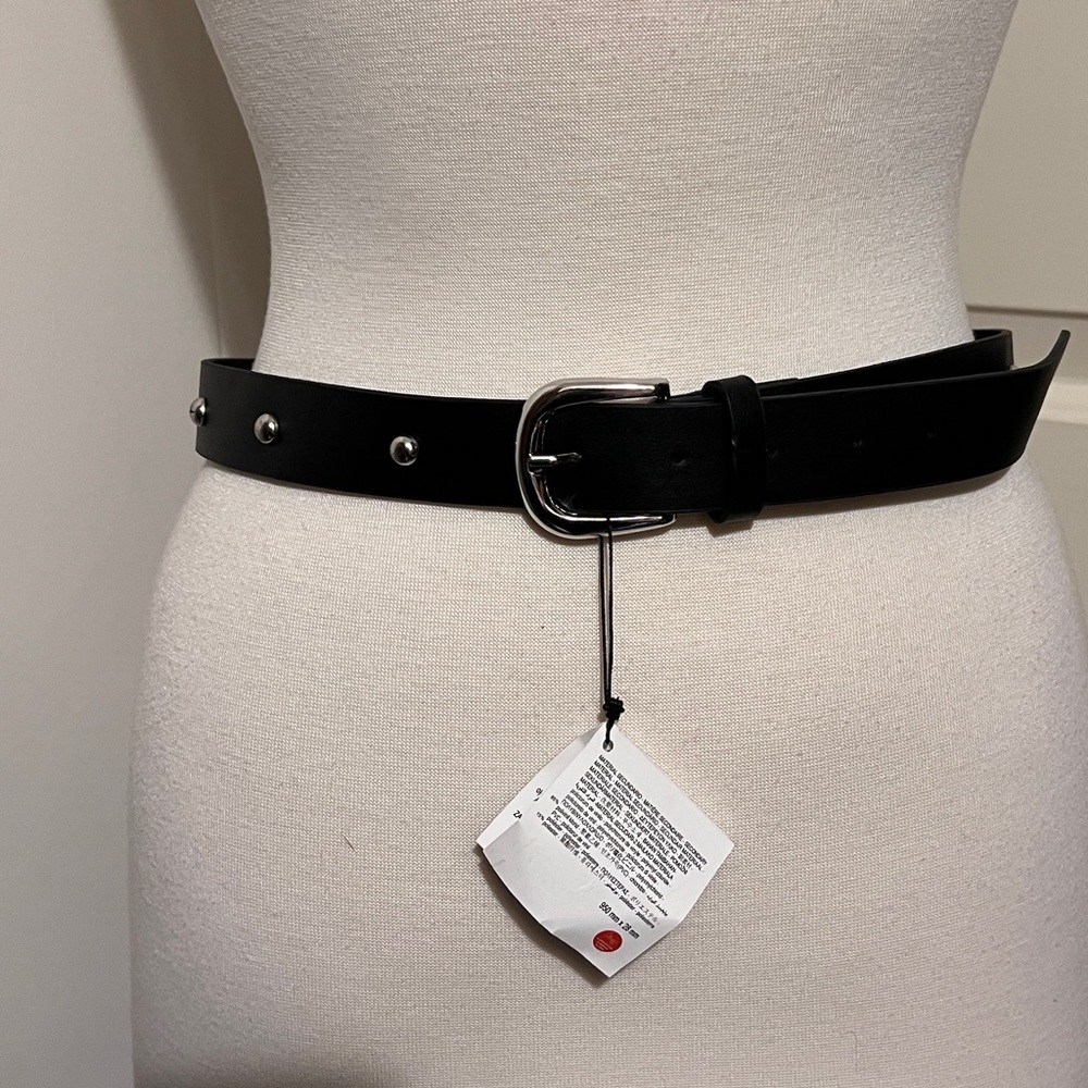 Zara Silver Studded Black Faux Leather‎ Belt Y2K Rock Punk Goth Wednesday